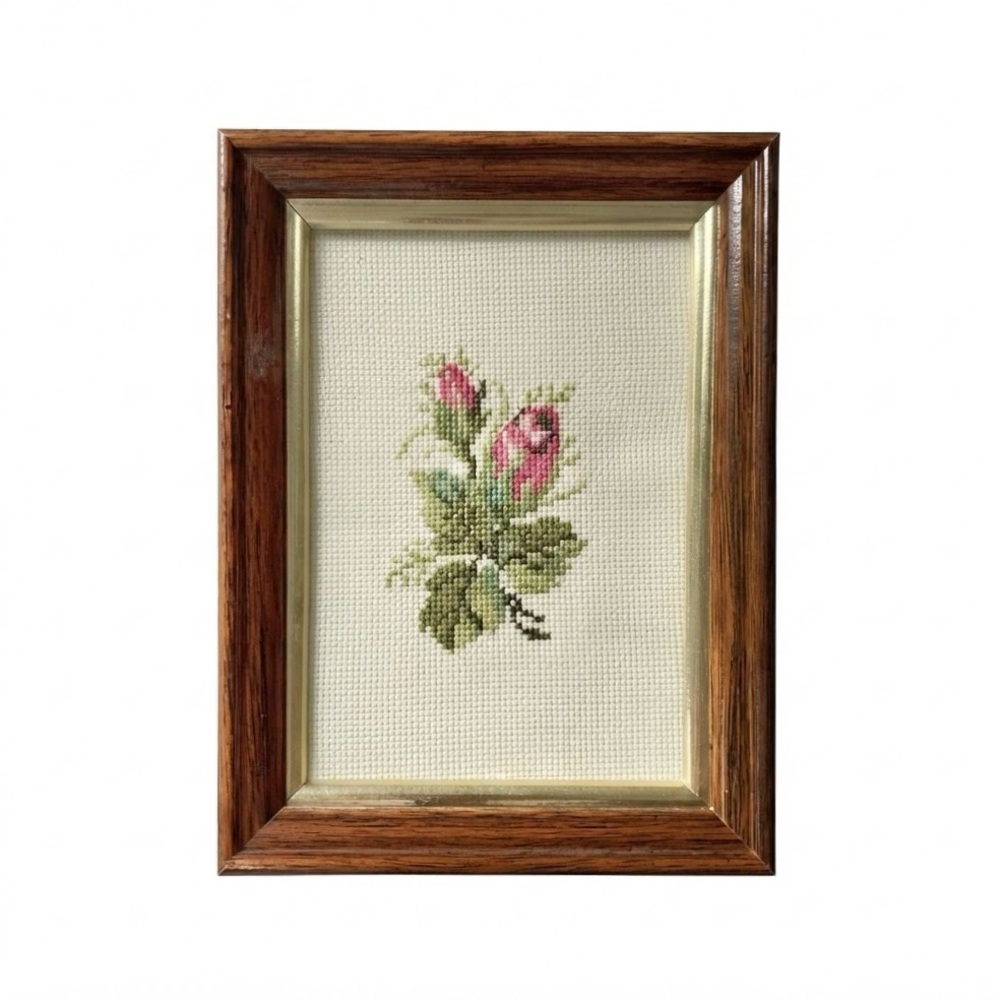 70s Vintage Cottagecore Framed Cross Stitch Rose Buds Botanical Needlepoint Art